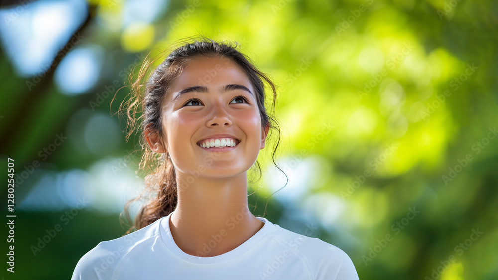 young woman with joyful expression stands outdoors, surrounded by lush greenery and sunlight filtering through leaves. She is wearing white shirt and appears to be enjoying moment of happiness young woman with joyful expression stands outdoors, surrounded by lush greenery and sunlight filtering through leaves. She is wearing white shirt and appears to be enjoying moment of happiness
