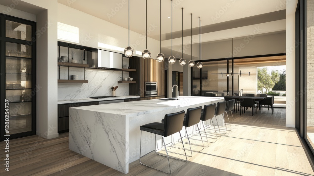 Modern Kitchen Design: Open Concept Island with Marble and Sleek Black Accents