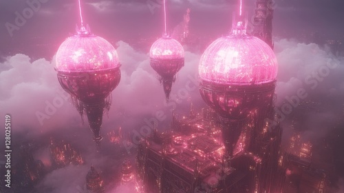 Mystical pink futuristic city landscape with ethereal glowing orbs floating amidst surreal clouds and dreamlike atmosphere imagined worlds