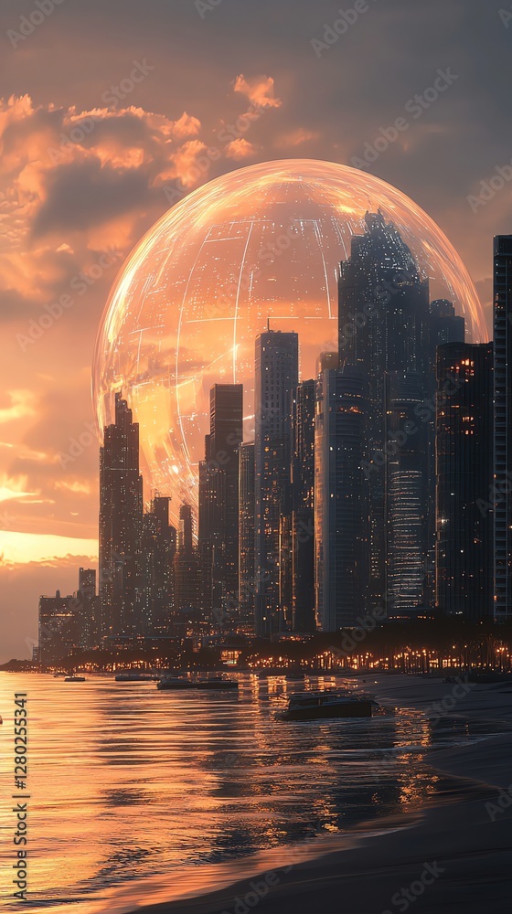 Obraz premium Futuristic Cityscape Sunset with Giant Sphere