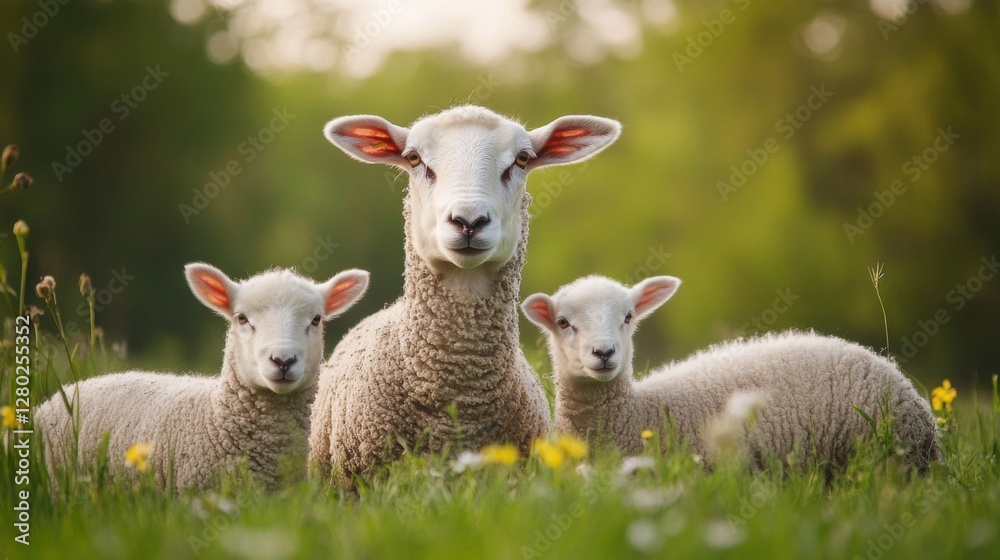 Ewe and Two Lambs in a Lush Green Meadow Ewe and Two Lambs in a Lush Green Meadow