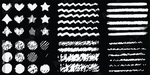 vector collection features a chalk doodle set, pencil scribble texture collection, vector punk charcoal brushstrokes, grungy hand-drawn crayon textures, lines, highlights, and underlines, all on a bla