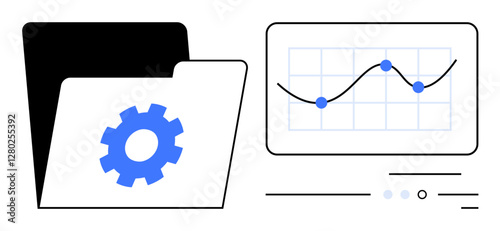 Black folder with blue cogwheel icon beside a display showing a line graph with data points. Ideal for data management, business analysis, tech solutions, productivity, organization tools, data