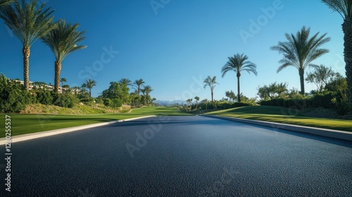 Asphalt road through a palm tree lined golf course leading to distant mountains under a clear blue sky.