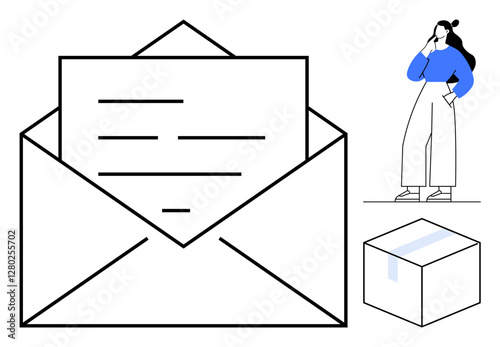 Open envelope with letter, woman pondering, and closed package. Ideal for communication, delivery, emails, decision making, logistics messaging. Modern abstract line flat metaphor