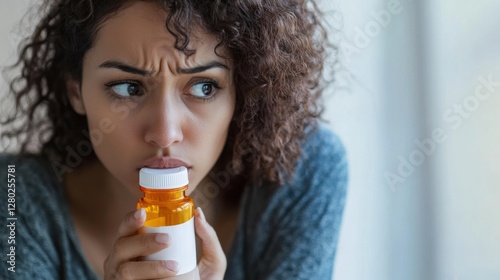 Worried user holding a prescription bottle, looking concerned. Featuring health anxiety and worry