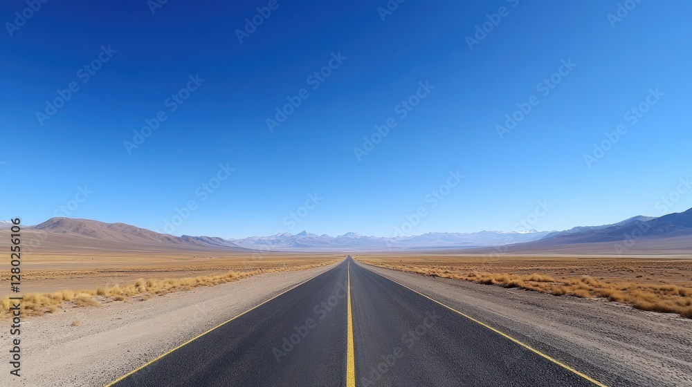 Fototapeta premium Asphalt road vanishing into a vast, arid desert landscape under a clear blue sky.