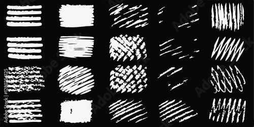 vector collection features a chalk doodle set, pencil scribble texture collection, vector punk charcoal brushstrokes, grungy hand-drawn crayon textures, lines, highlights, and underlines, all on a bla