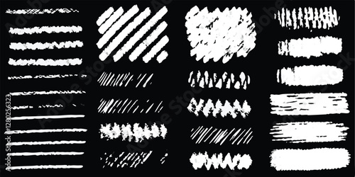 vector collection features a chalk doodle set, pencil scribble texture collection, vector punk charcoal brushstrokes, grungy hand-drawn crayon textures, lines, highlights, and underlines, all on a bla