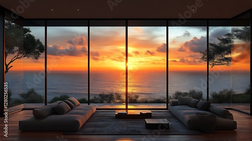 Modern living room sunset ocean view