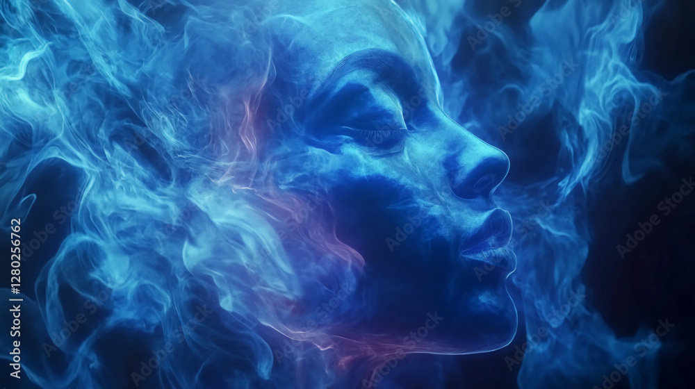 Fototapeta premium A captivating abstract portrait composed of swirling blue smoke, evoking a sense of mystery and ethereal beauty.