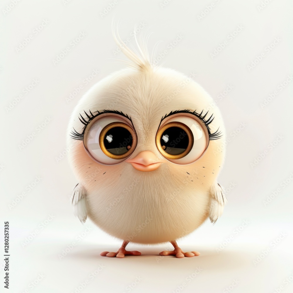 Obraz premium Cute cartoon bird with large eyes and fluffy feathers on white background