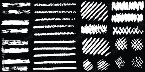vector collection features a chalk doodle set, pencil scribble texture collection, vector punk charcoal brushstrokes, grungy hand-drawn crayon textures, lines, highlights, and underlines, all on a bla