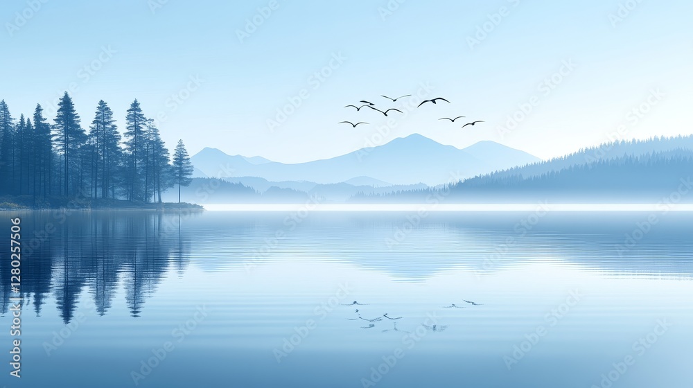 Fototapeta premium Tranquil dawn over misty lake waters reflections of mountains serene scenery nature beauty ethereal landscape peaceful reflection