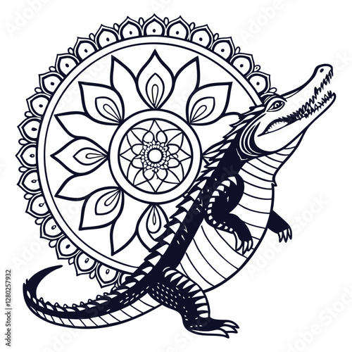 Alligator Mandala Illustration: Intricate Reptile Design, Ornamental Circle Art, Vector Graphic, Animal Theme, Detailed Line Work