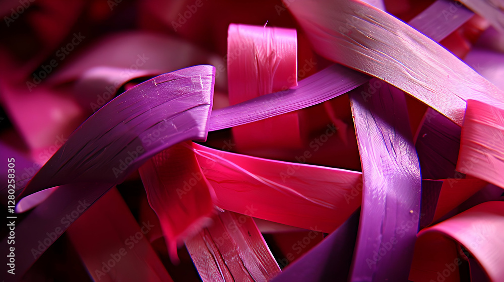 A close-up of colorful, intertwined ribbons in shades of pink and purple.