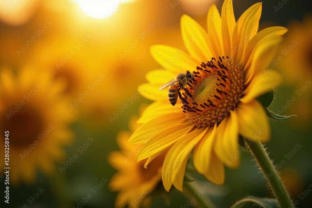 Golden hour sunlight illuminates bee gathering nectar from sunflower , bee, summer day, nature Golden hour sunlight illuminates bee gathering nectar from sunflower , bee, summer day, nature
