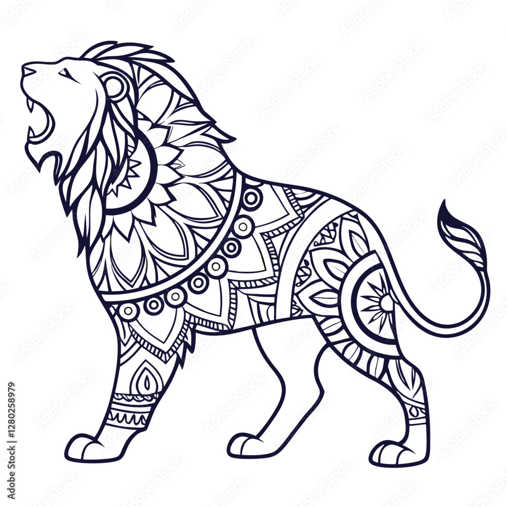 Naklejka premium Intricate Lion Mandala Illustration: Detailed Animal Coloring Page Design for Adults, Line Art, Roaring Lion, Zentangle Style, Vector Graphic