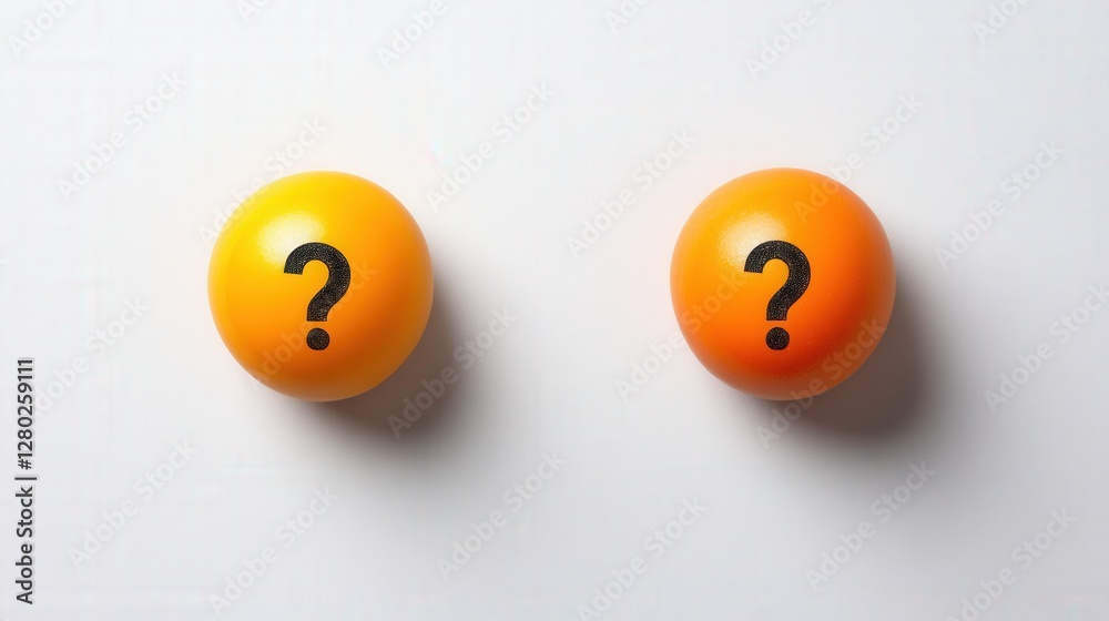 Two vibrant orange balls with question marks on a white background, symbolizing curiosity and inquiry Two vibrant orange balls with question marks on a white background, symbolizing curiosity and inquiry
