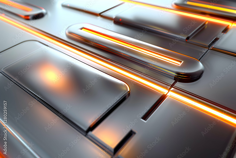 A close-up view of a metallic surface with glowing orange lines and shapes.