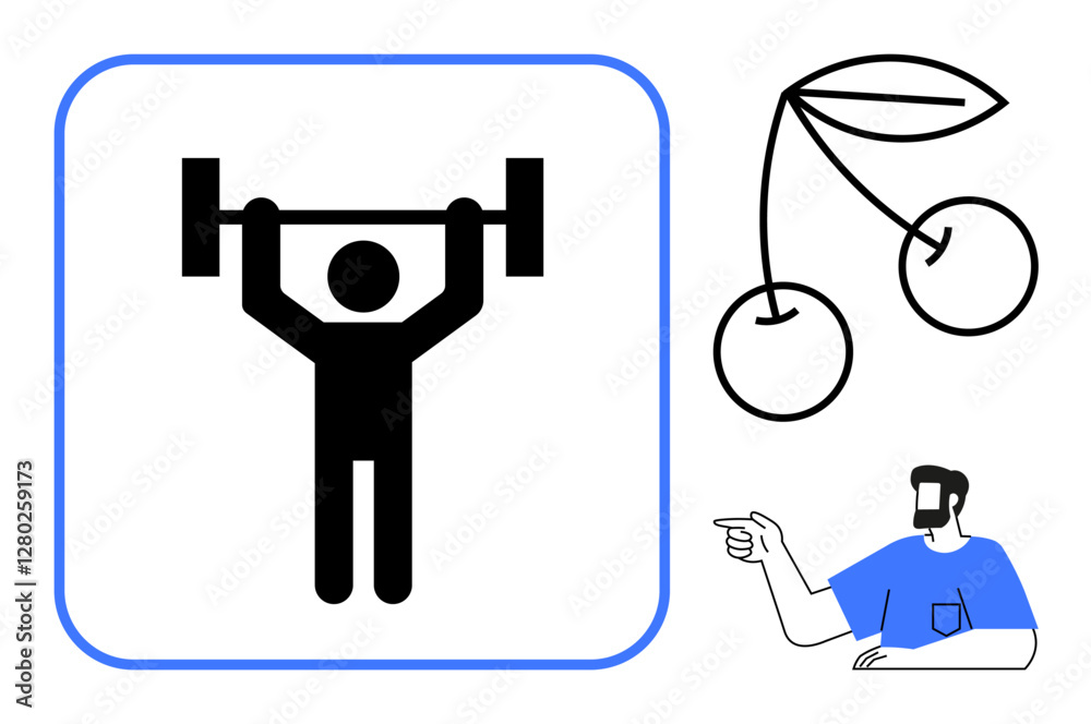 Person lifting weights in a blue-framed square, two cherries connected by a stem, and a bearded man pointing. Ideal for wellness, health, nutrition, fitness, coaching balance guidance. Abstract Person lifting weights in a blue-framed square, two cherries connected by a stem, and a bearded man pointing. Ideal for wellness, health, nutrition, fitness, coaching balance guidance. Abstract