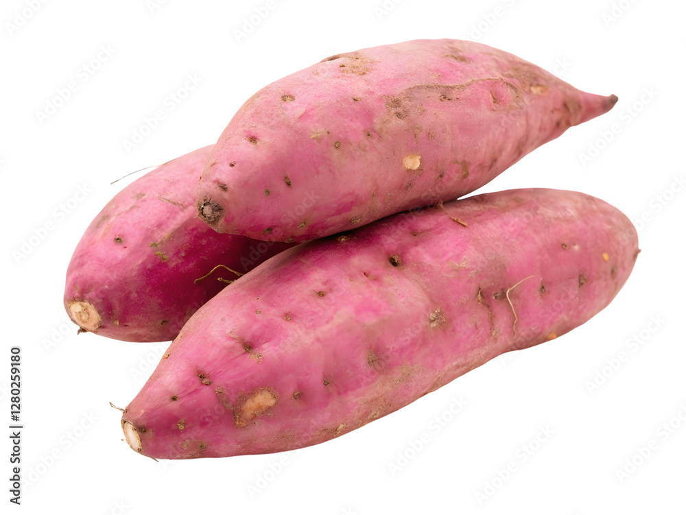 Three sweet potatoes with pinkish purple skin and small root scars are arranged in a pile Three sweet potatoes with pinkish purple skin and small root scars are arranged in a pile