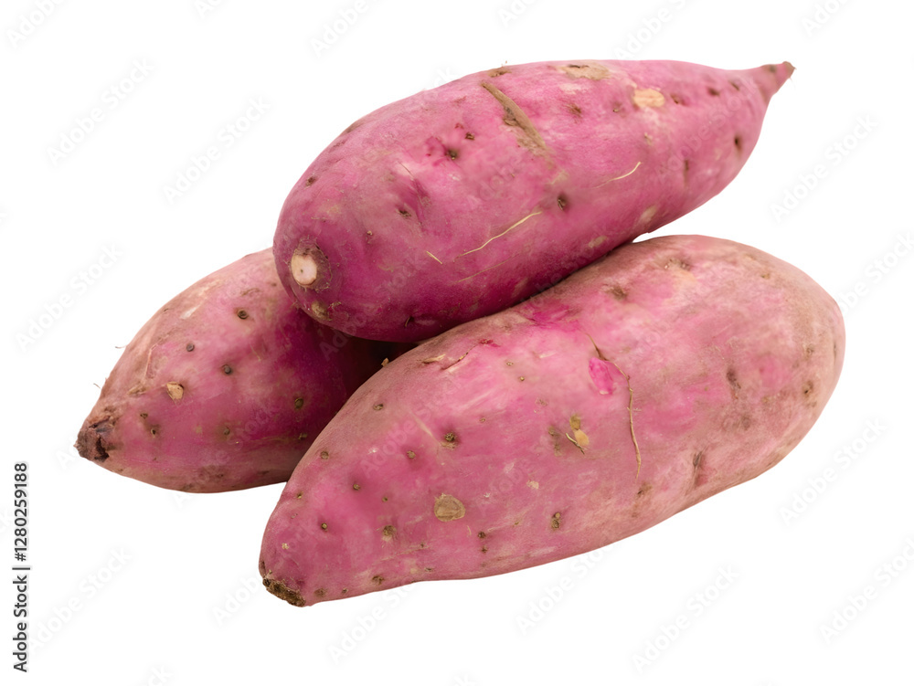 Three sweet potatoes with pinkish purple skin and small root scars are arranged in a pile Three sweet potatoes with pinkish purple skin and small root scars are arranged in a pile