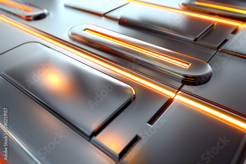Obraz na płótnie A close-up view of a metallic surface with glowing orange lines and shapes. w salonie
