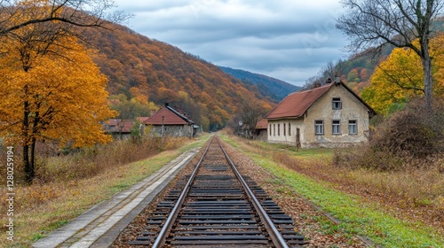 Wallpaper Mural Autumnal railroad tracks vanishing into a valley with rustic houses and colorful foliage. Torontodigital.ca