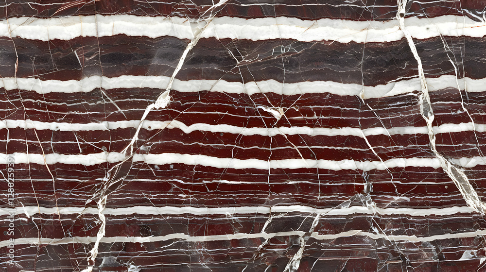 A close-up view of a polished stone surface featuring red and white striped patterns.