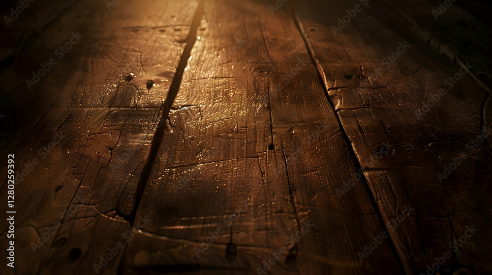 A close-up view of a textured wooden surface illuminated by soft light.
