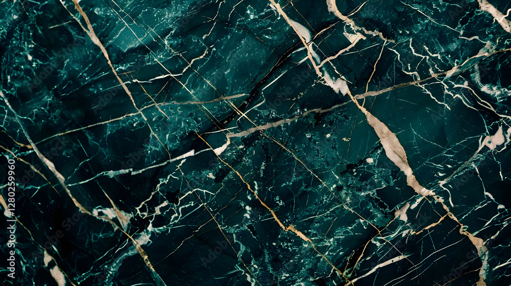 A close-up view of dark green marble with intricate white and gold veining.