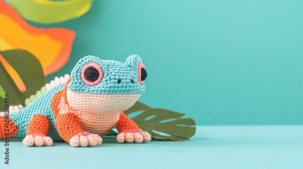 Fototapeta premium Colorful Crochet Lizard Toy on Bright Tropical Background