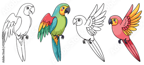 Cute Parrots Isolated Line Art Vector Outline Illustration Black and White with Coloring Sample