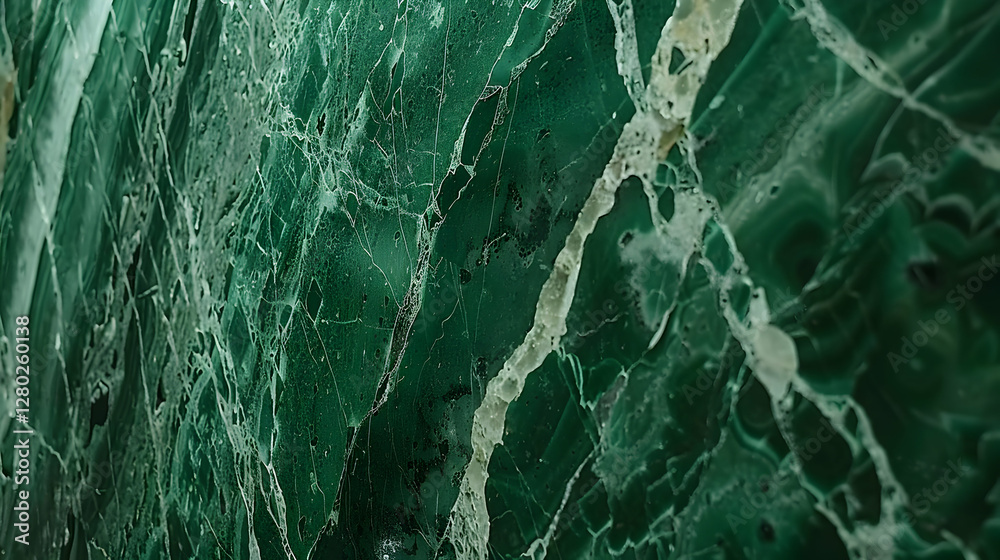 A close-up view of green marble with intricate white veining.