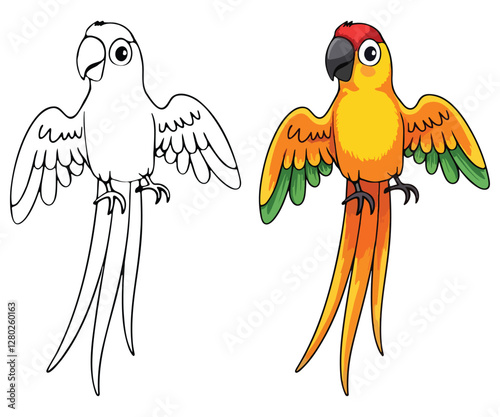 Cute Parrot Isolated Line Art Vector Outline Illustration Black and White with Coloring Sample