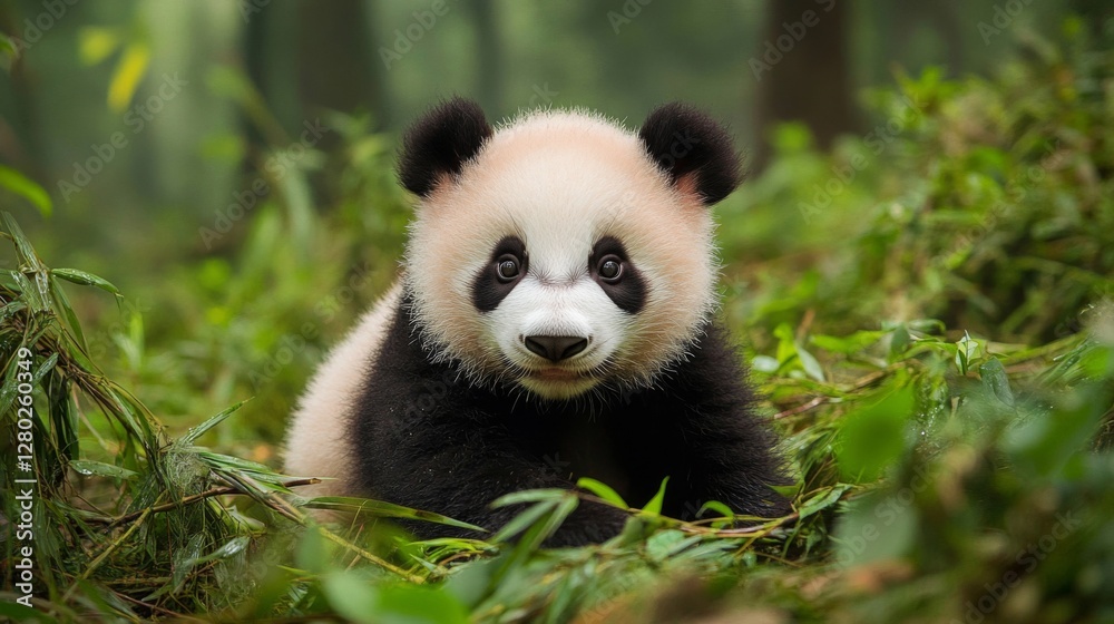 Fototapeta premium Adorable Panda Cub Amidst Lush Green Bamboo