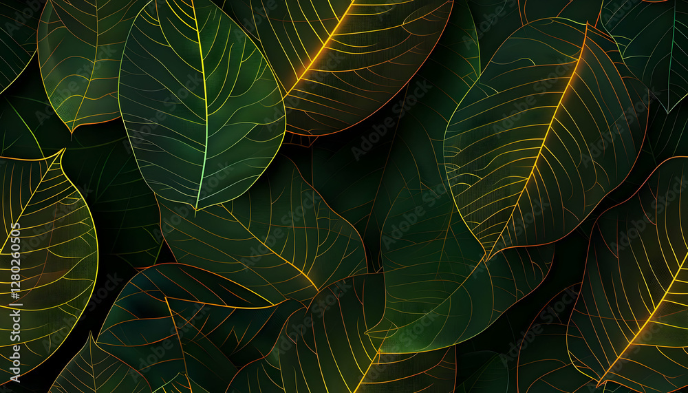 A close-up view of overlapping green leaves with intricate vein patterns.