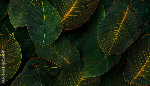Obraz na płótnie A close-up view of overlapping green leaves with intricate vein patterns. w salonie