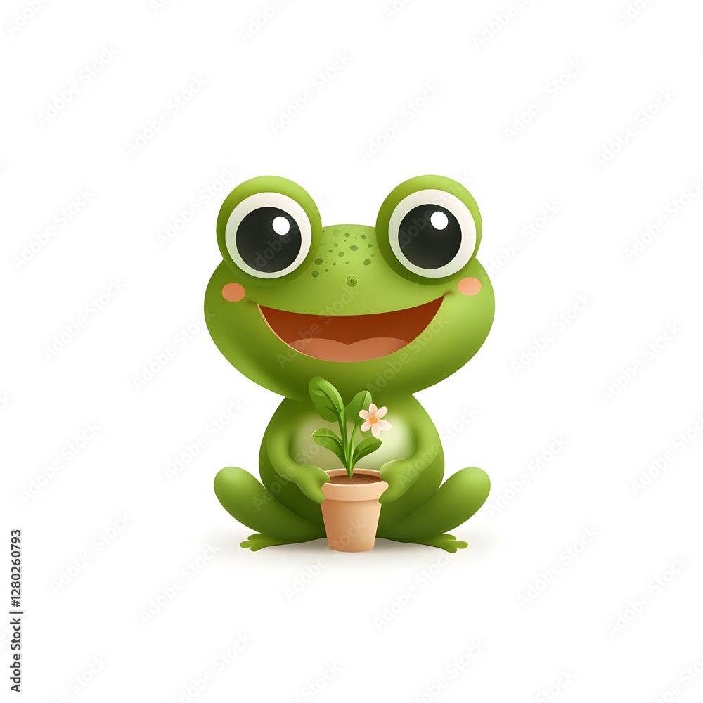 Fototapeta premium a charming cartoon frog with a flower pot, radiating joy and warmth