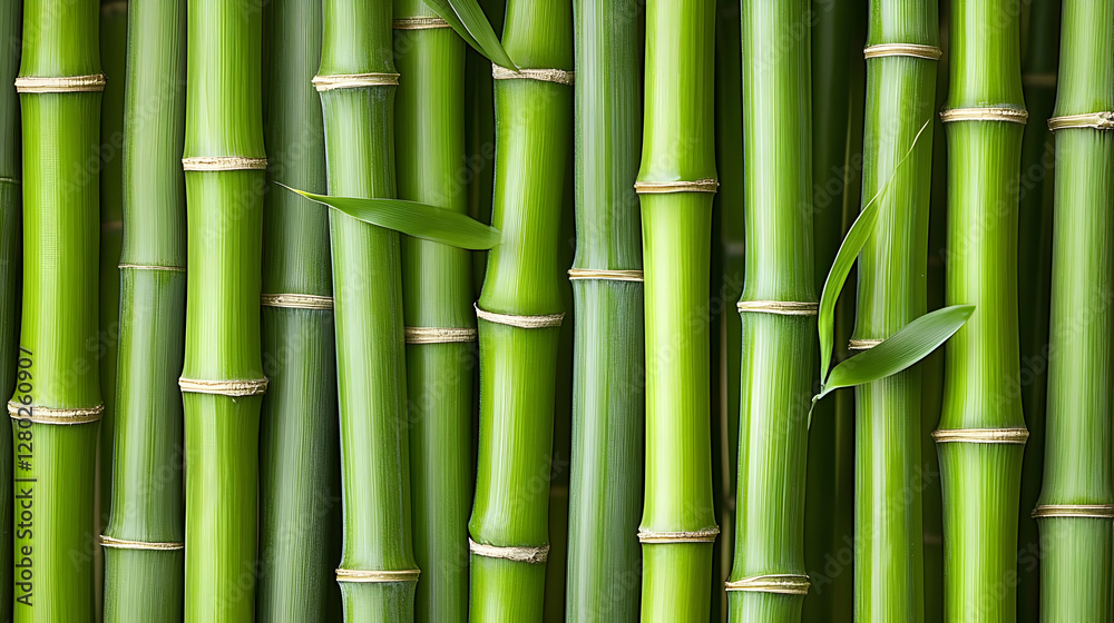A close-up view of vibrant green bamboo stalks with leaves.