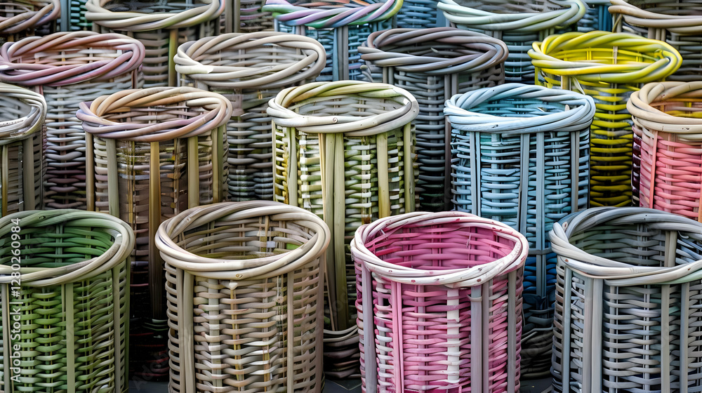 A collection of colorful woven baskets arranged in a visually appealing pattern.
