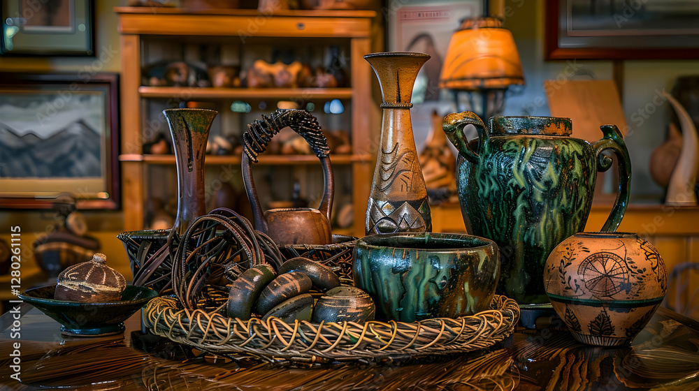 A collection of decorative pottery and woven items displayed on a table.