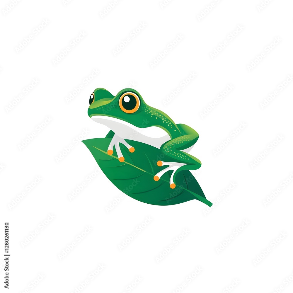 Fototapeta premium a green frog perched on a vibrant green leaf, its eyes wide and alert. The illustration captures the essence of nature's charm