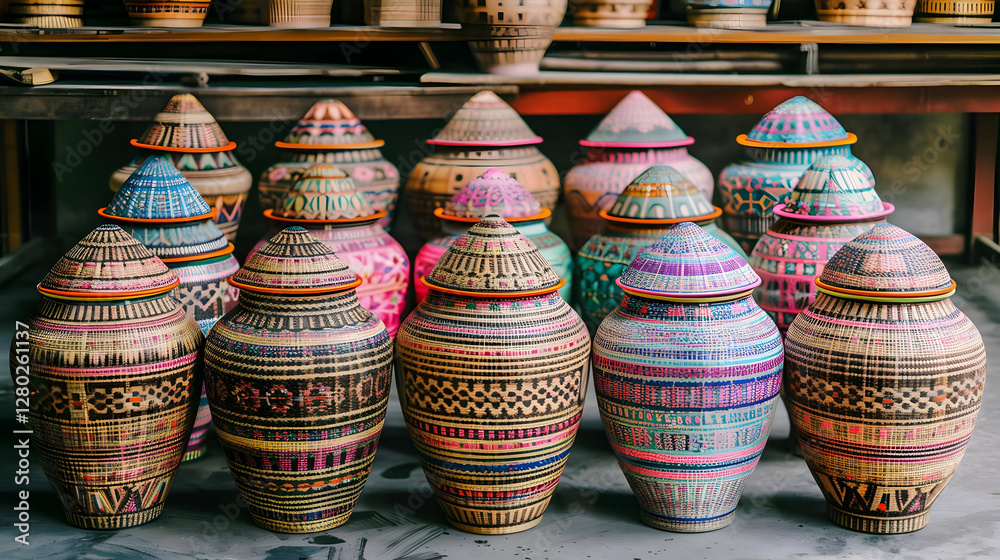 A collection of intricately designed decorative pots with vibrant colors and patterns.