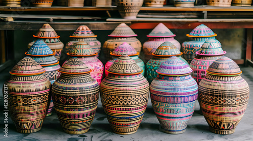 A collection of intricately designed decorative pots with vibrant colors and patterns.
