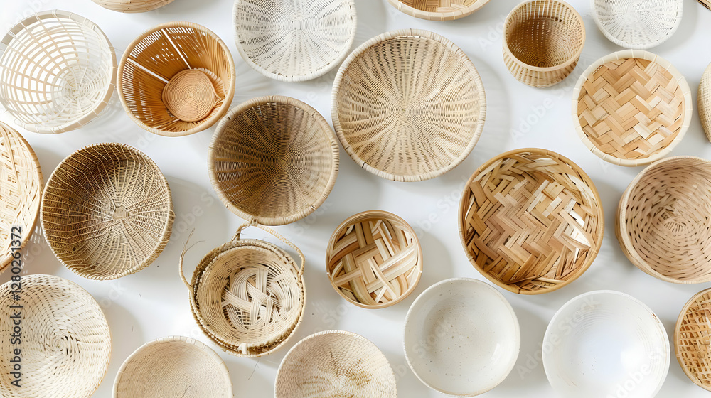 A collection of various woven and ceramic bowls arranged on a surface.
