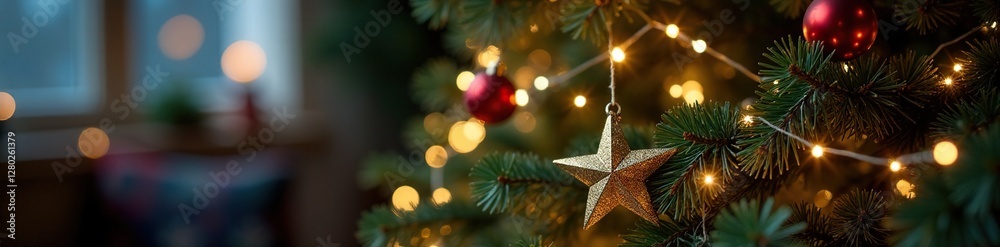 Decorated Christmas tree with sparkling light garland and star decorations on branches, tree, holiday, decoration Decorated Christmas tree with sparkling light garland and star decorations on branches, tree, holiday, decoration