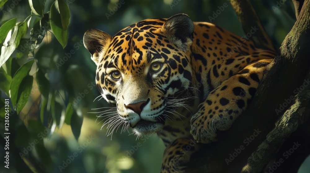 Obraz premium Jaguar Resting on Tree Branch in Lush Rainforest