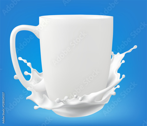 Vector illustration of realistic white milk glass with splash isolated on background